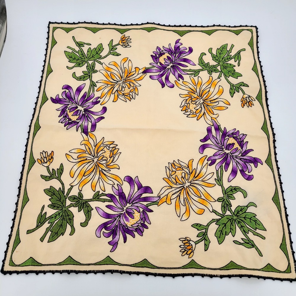 Vintage Embroidered Table Covering Vibrant Purple Yellow Chrysanthemums 23x21"